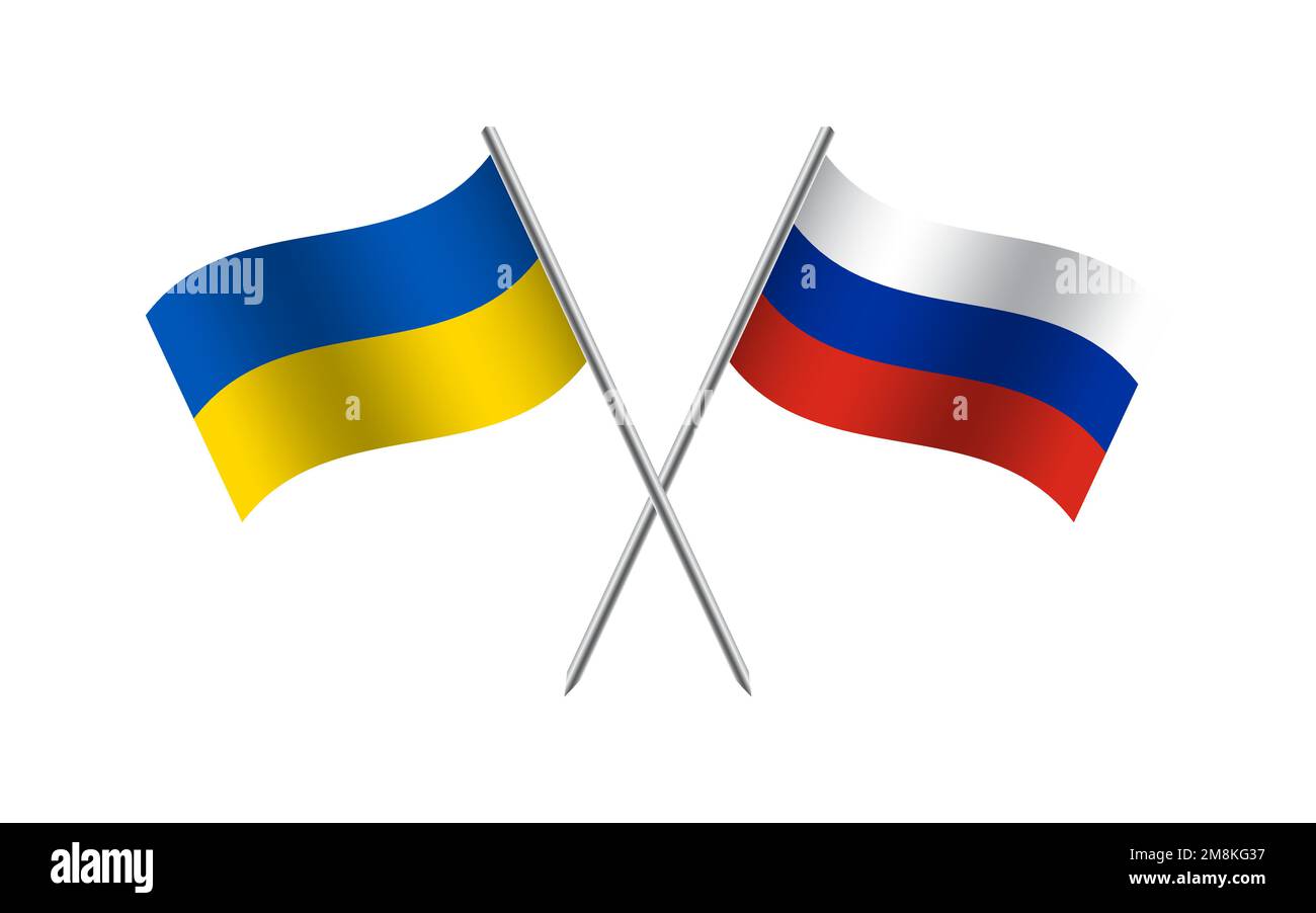 Flying flags of Ukraine and Russia. Ukrainian and Russian state symbol. Ukrainian symbol of independence and freedom. Vector illustration Stock Vector