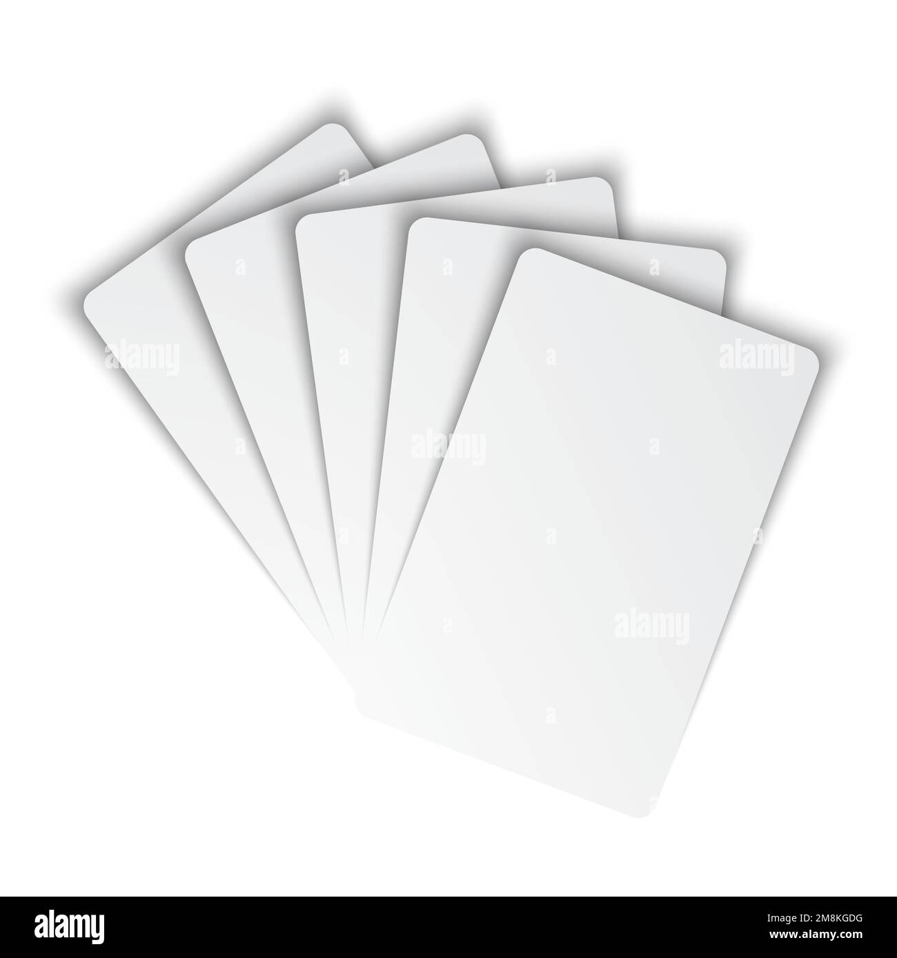 Five blank playing cards mockup. White cards on white background. Poker
