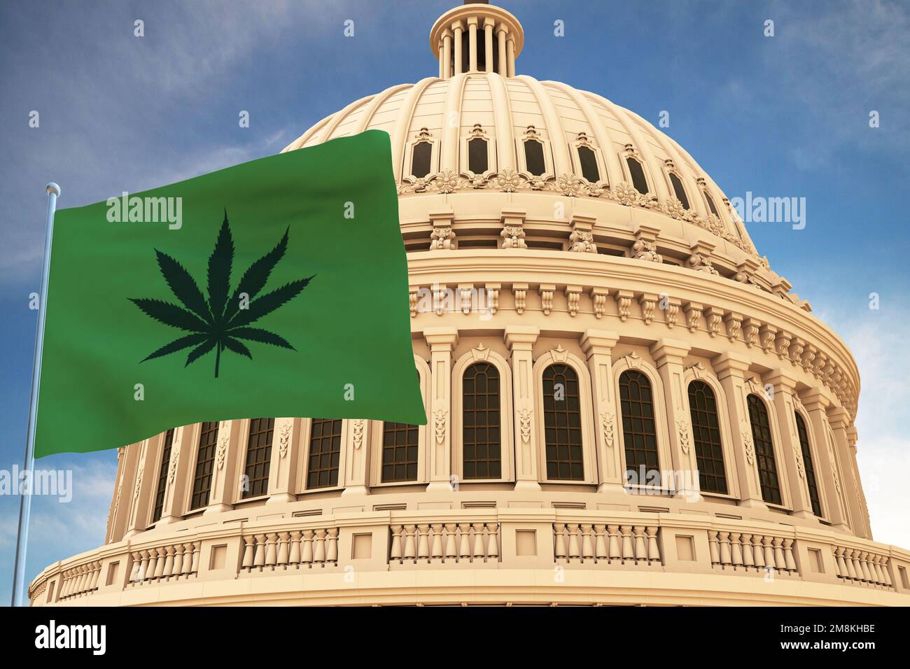 Beautiful flag of canabis, marijuana,weed , pot waving with the strong wind and behind it the dome of the Capitol USA United States of America 3D REND Stock Photo