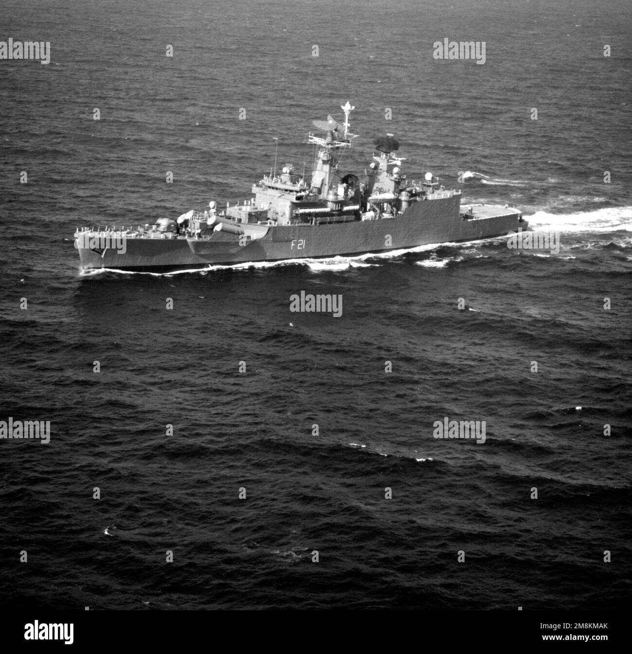 Aerial port bow view of the Indian Navy Godavari class frigate Gomati