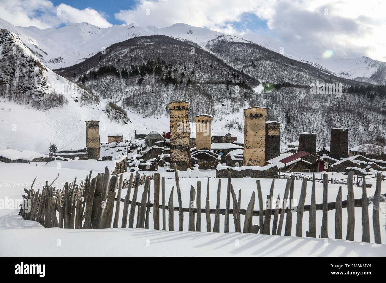 A view of the snowy Svan towers in the Georgian village of Ushguli ...