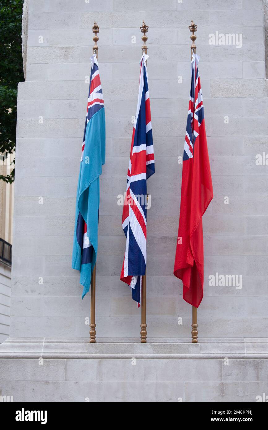 three flags on the Cenotaph to commemorate the deads of all wars, London, UK Stock Photo
