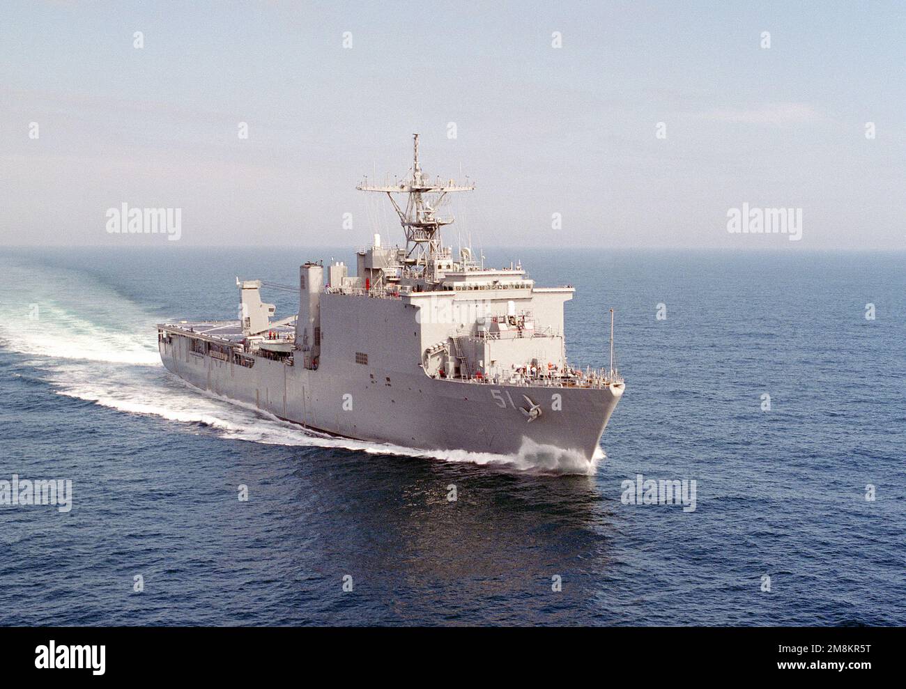 An aerial starboard bow view of the amphibious dock landing ship USS OAK HILL (LSD-51) underway during builders sea trials. Country: Gulf Of Mexico Stock Photo
