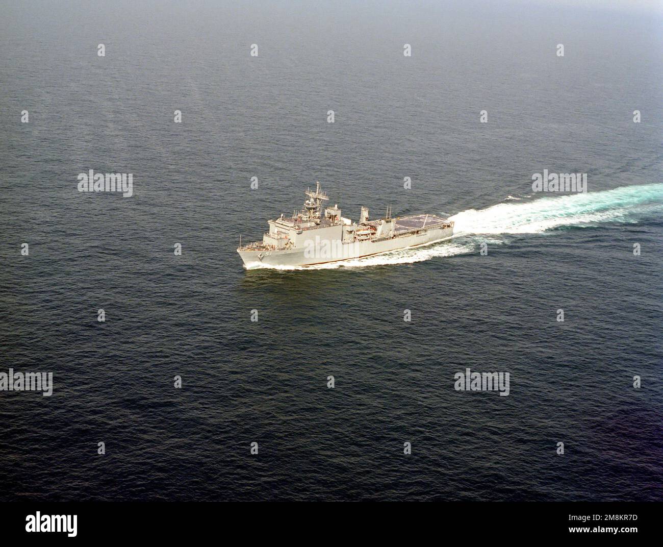 An aerial port bow view of the amphibious dock landing ship USS OAK HILL (LSD-51) underway during builders sea trials. Country: Gulf Of Mexico Stock Photo