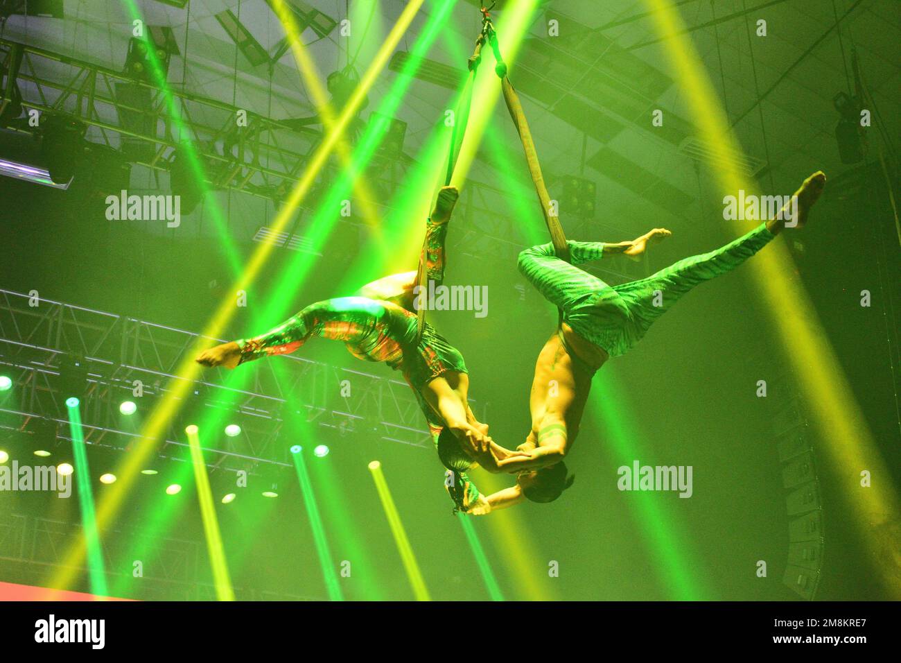 Leon, Mexico. 13 Jan 2023. Flying dancers at Disney Myst Be Our Guest show premiere on Feria de Leon 2023. Credits: Juan Jose Valdez / JVMODEL Credit: JVMODEL/Alamy Live News Stock Photo