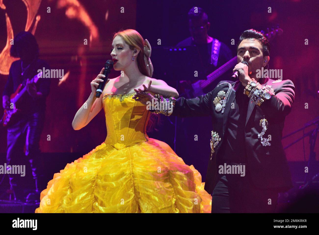 Leon, Mexico. 13 Jan 2023. Actress Cecilia de la Cueva as Belle and two times grammy nominee singer Jorge Daher as The Beast performing Beauty and  The Beast main theme at Disney Myst Be Our Guest show premiere on Feria de Leon 2023. Credits: Juan Jose Valdez / JVMODEL Credit: JVMODEL/Alamy Live News Stock Photo