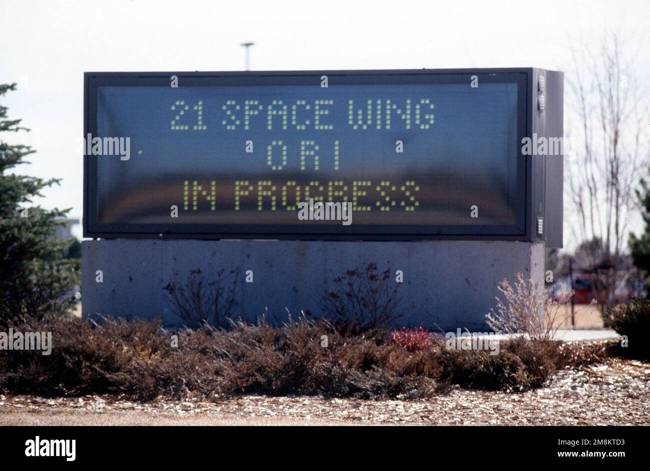 A sign at Peterson Air Force Base announces the 21st Space Wing's Operational Readiness Inspection being conducted at Cheyenne Mountain Air Station and Peterson AFB, Colo.,13 to 17 February 1996. The Inspector General's Team tested their ability to respond to battle conditions, power outages, mobility deployments, aircraft and automobile accidents, hostage situations, bomb threats, armed robbery, terrorism and communication disruptions. Subject Operation/Series: CONDOR CONTEST Base: Peterson Air Force Base State: Colorado (CO) Country: United States Of America (USA) Stock Photo