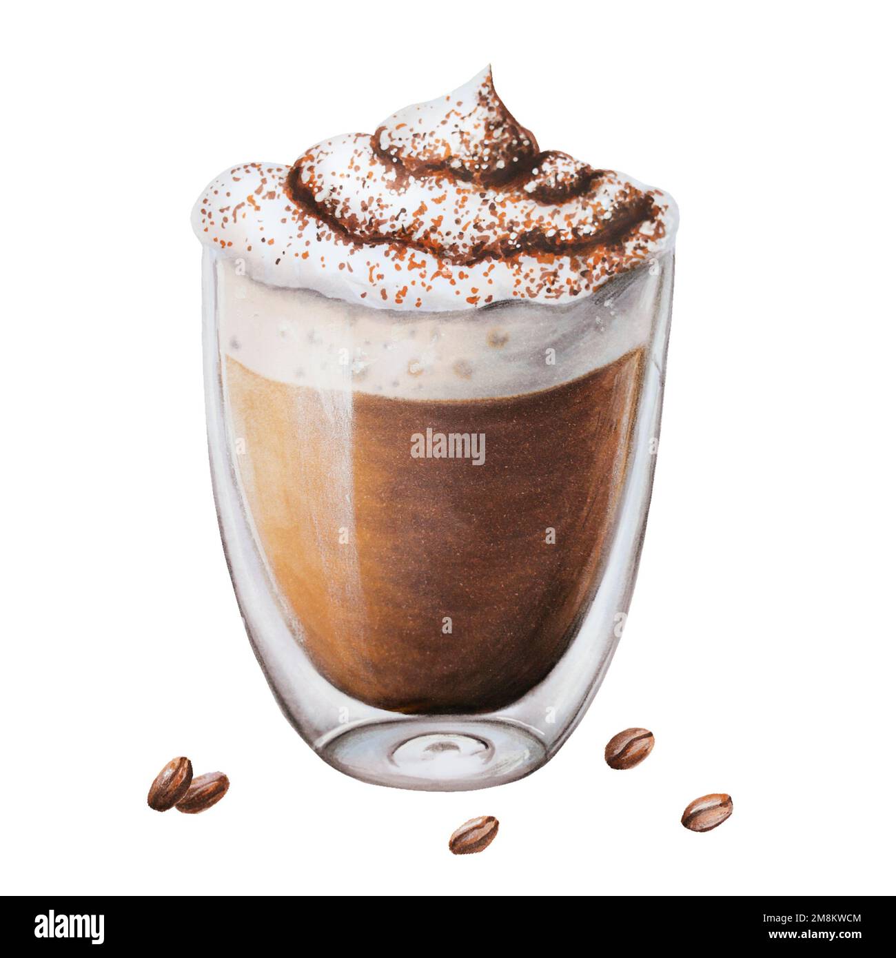 https://c8.alamy.com/comp/2M8KWCM/watercolor-fluffy-foam-mocha-illustration-coffee-in-a-glass-cup-with-coffee-beens-hand-painting-on-a-white-isolated-background-for-designers-menu-2M8KWCM.jpg
