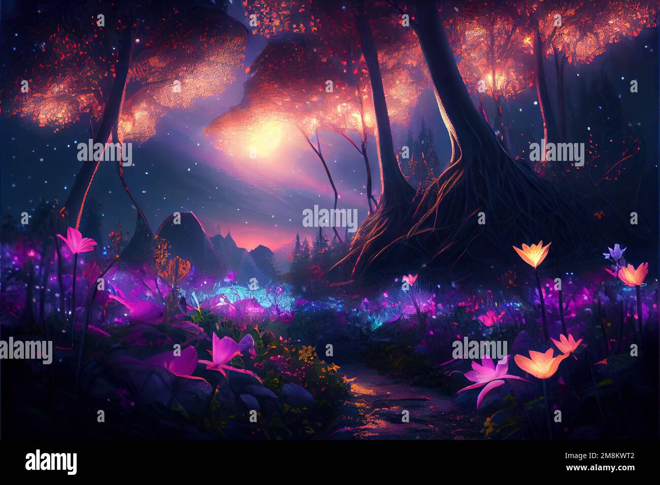 Fantasy forest at night, magic glowing flowers in fairytale wood, generative AI. Landscape of fairy plants, trees and path at night. Concept of wonder Stock Photo