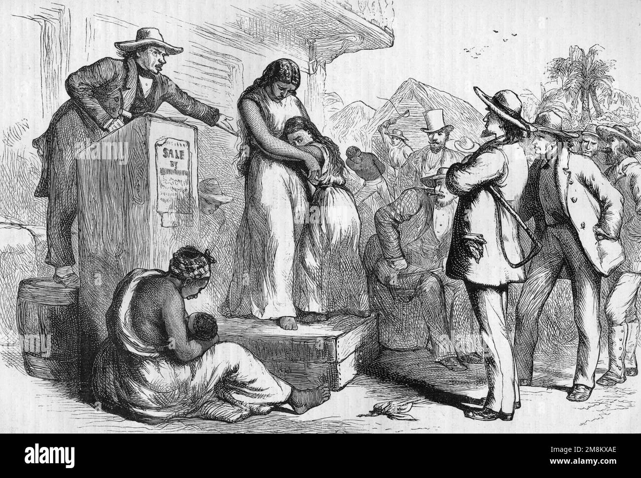 This image shows an artist's representation of an enslaved mother and her daughter on the auction block, while another enslaved mother was with an infant waiting to be sold. Stock Photo