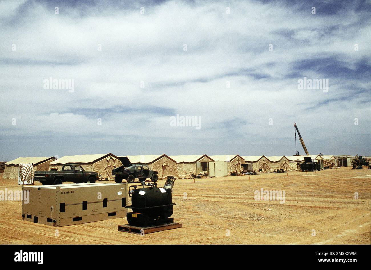 Overall view of tent city on a Jordanian Air Base. The tent city is