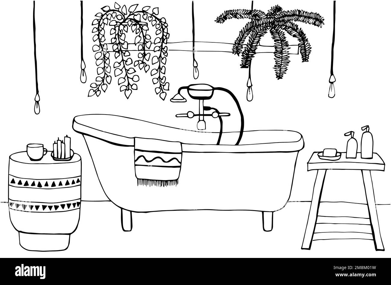Coloring book with retro bathroom in boho style Stock Vector