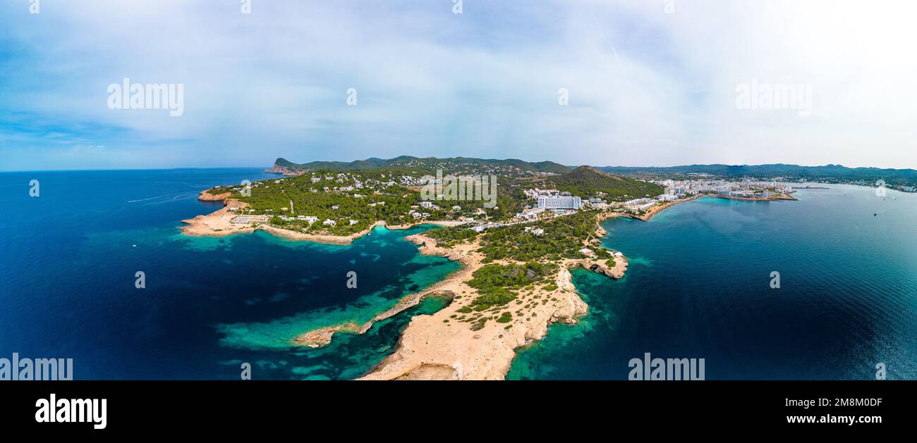 Cala Gracio and Calo el Moro beach on Ibiza island, Spain, aerial views ...