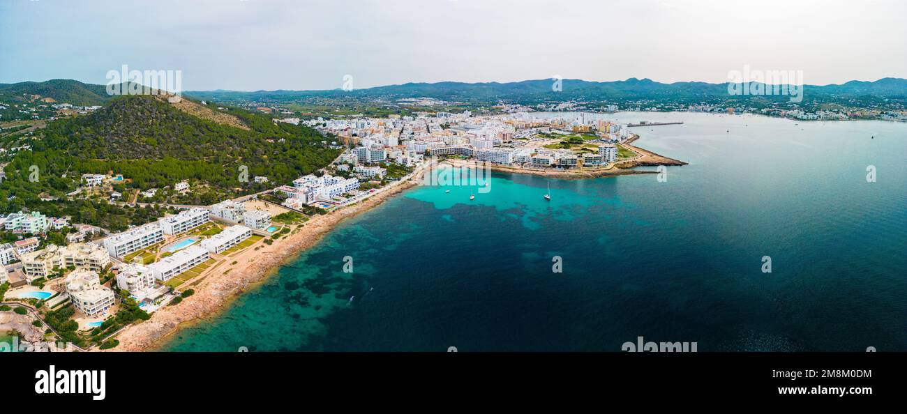 Cala Gracio and Calo el Moro beach on Ibiza island, Spain, aerial views ...