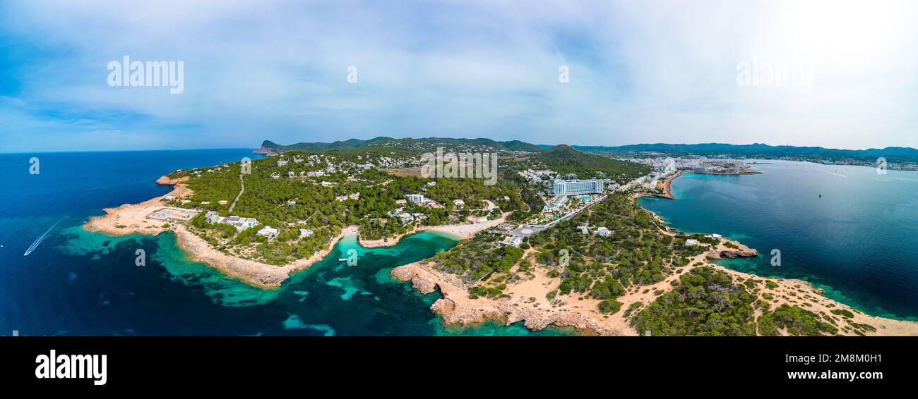 Cala Gracio and Calo el Moro beach on Ibiza island, Spain, aerial views ...