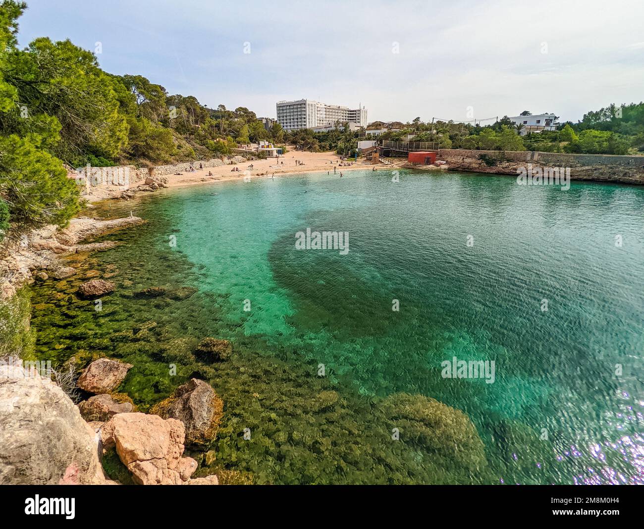 Cala Gracio and Calo el Moro beach on Ibiza island, Spain, aerial views ...
