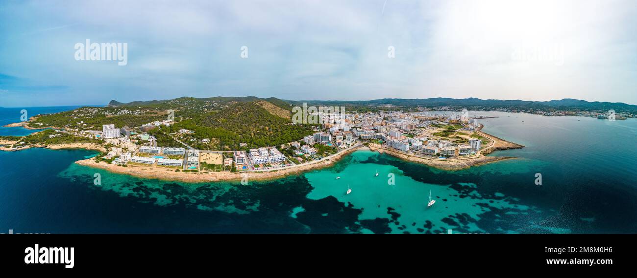 Cala Gracio and Calo el Moro beach on Ibiza island, Spain, aerial views ...