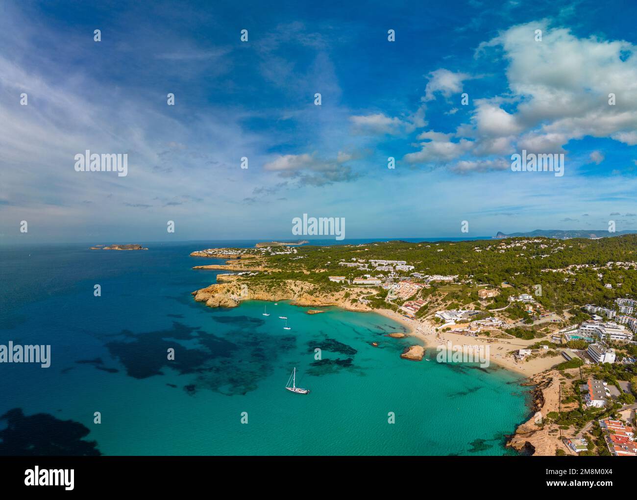 Tarida Aerial drone view of a beautiful coast and sea in Cala Tarida, Ibiza ...