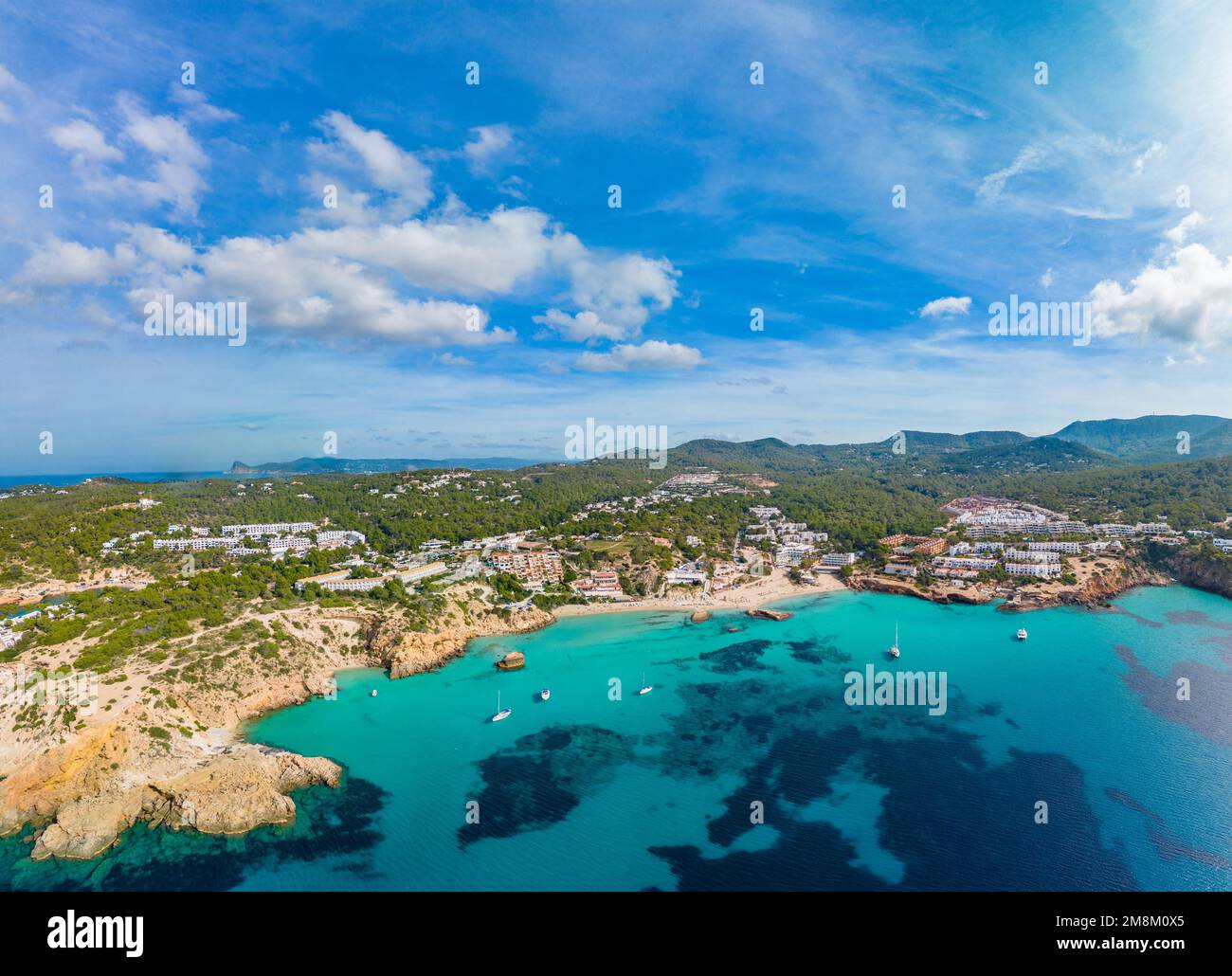 Tarida Aerial drone view of a beautiful coast and sea in Cala Tarida, Ibiza ...