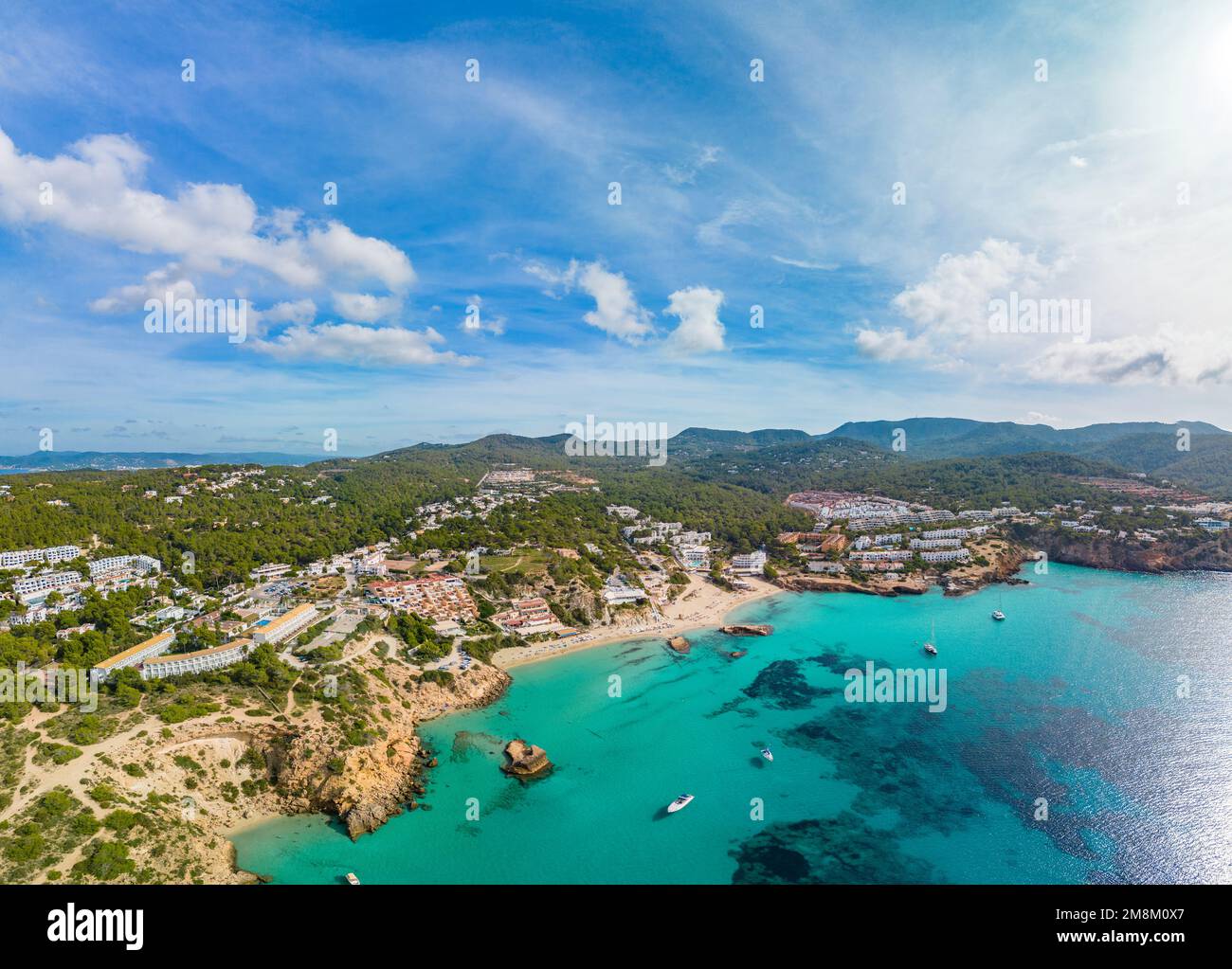 Tarida Aerial drone view of a beautiful coast and sea in Cala Tarida, Ibiza ...