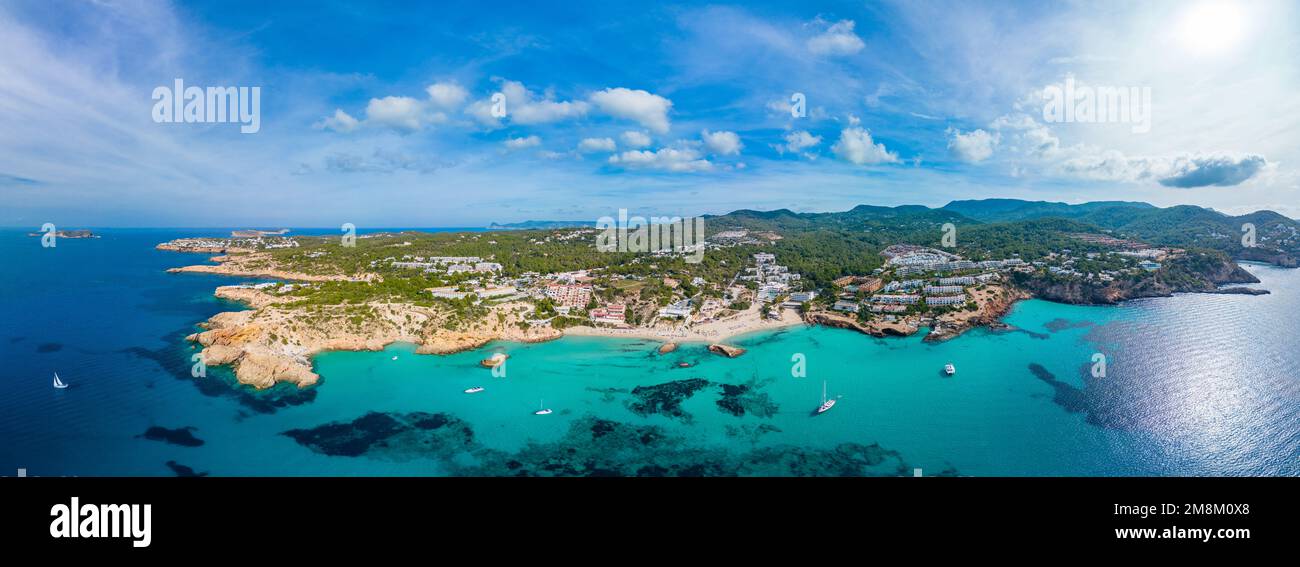 Tarida Aerial drone view of a beautiful coast and sea in Cala Tarida, Ibiza ...