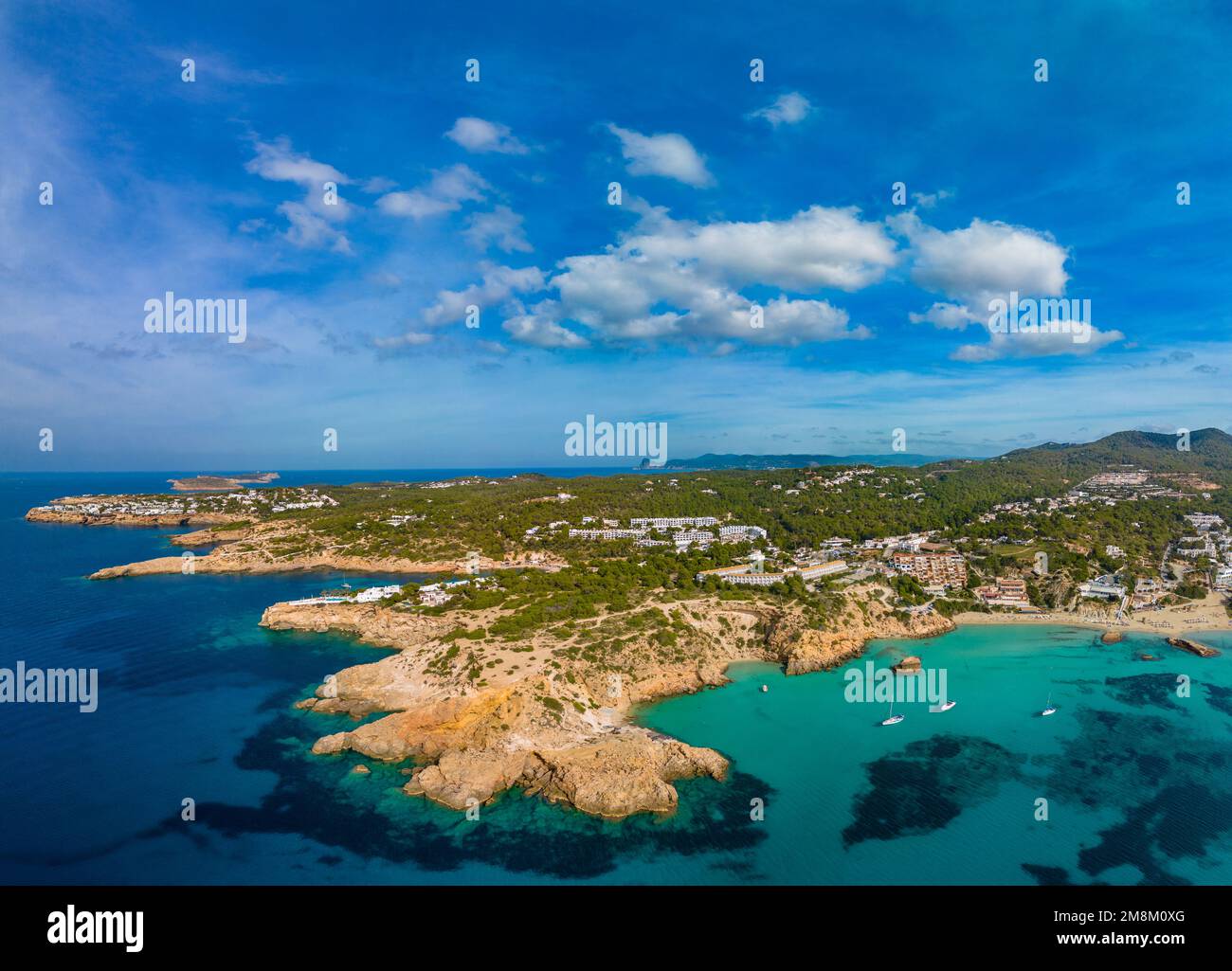 Tarida Aerial drone view of a beautiful coast and sea in Cala Tarida, Ibiza ...