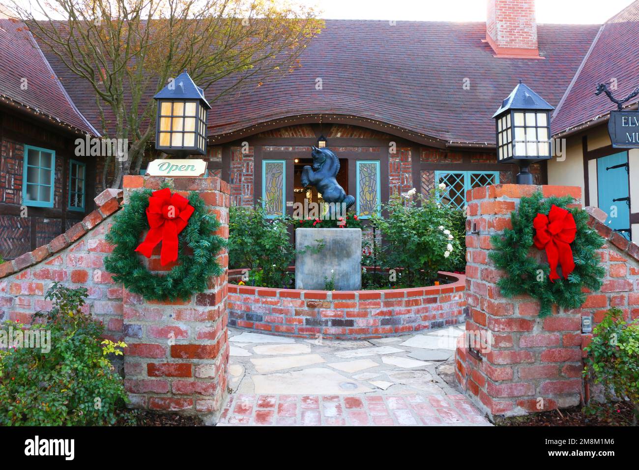 Solvang, CA, USA - 16 Dec 2022: Elverhøj Museum of History and Art, decorated for Christmas. The home was built in the 1950's by an artist couple. Stock Photo