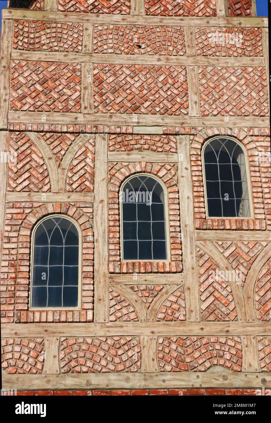 Windows of the Solvang historic, half timbered clock tower.  The town's architecture reflects its Danish history. Stock Photo