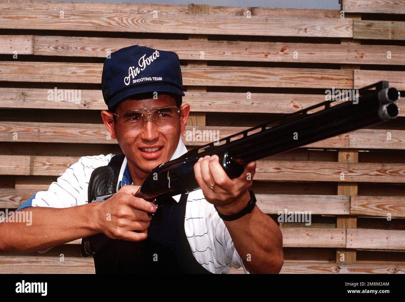 MAJ. Bill Roy, a member of the 1996 U.S. Olympic team and the Air Force's World Class Athlete Program, practices his shooting skill for the summer games in Atlanta. MAJ. Roy is the reigning National Skeet Shooting Association world champion. PHOTO published in AIRMAN Magazine, June 1996.Exact Date Shot Unknown. Maj. Bill Roy, a member of the 1996 U.S. Olympic team and the Air Force's World Class Athlete Program, practices his shooting skill for the summer games in Atlanta.  Maj. Roy is the reigning National Skeet Shooting Association world champion.  Photo published in Airman Magazine, June 19 Stock Photo