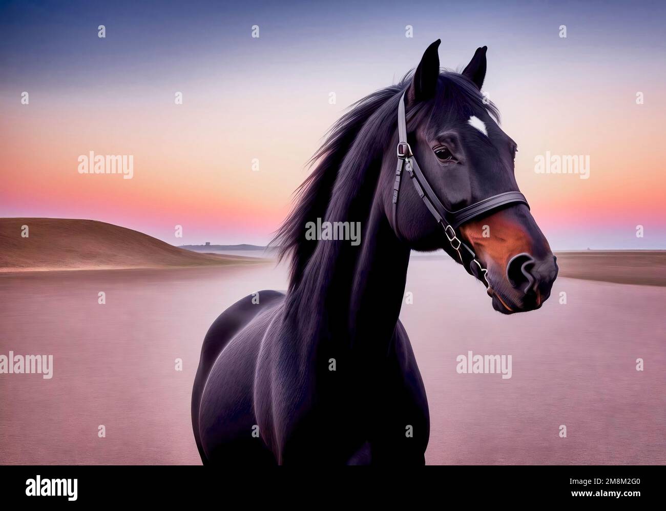 Black horse with bridle on a flat featureless plain with a rolling hill in the background, peaceful mood, made with generative AI Stock Photo