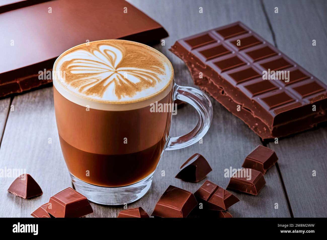 Three layer chocolate latte in a glass cup with pieces of broken chocolate surrounding the beverage, made with generative AI Stock Photo