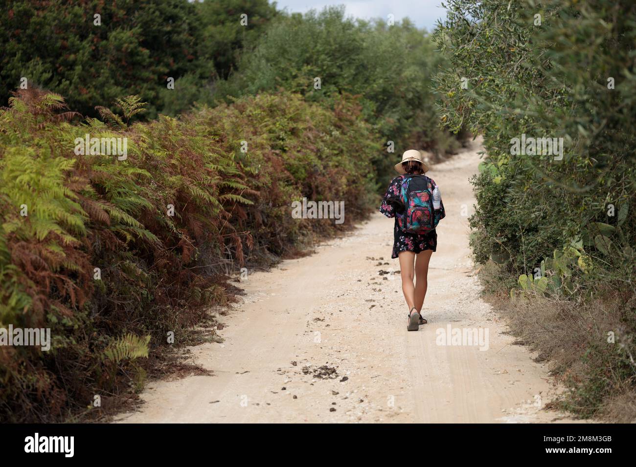 Woman exploring nature walking on dirt road Stock Photo