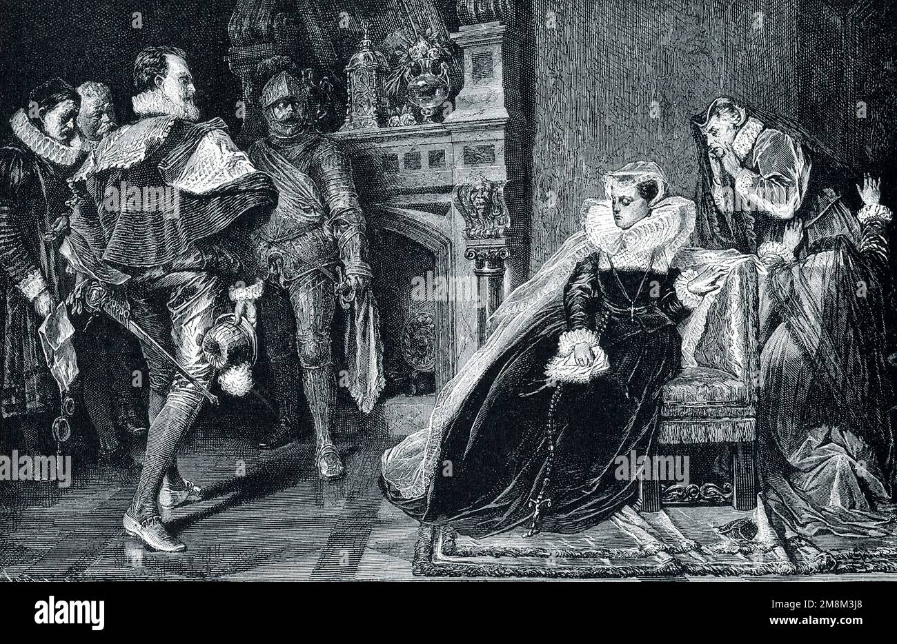 The 1906 caption reads: “MARY QUEEN OF SCOTS IN PRISON.—The unfortunate Mary Stuart, Elizabeth's rival for the throne of England, may have been an evil woman. She was certainly an unfortunate one, but personally so charming that every one who saw her loved her. We see her here when the very nobles who bring her death-warrant cannot conceal their admiration for her courage and sorrow for her fate.” Mary was in prison from 1568 to her execution in 1587. Stock Photo