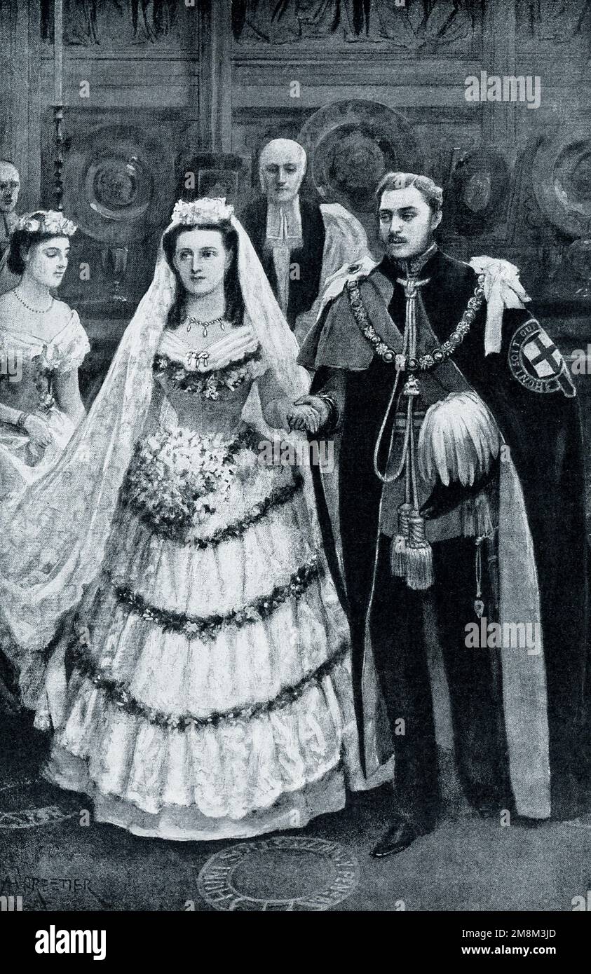 The 1906 caption reads: “WEDDING OF EDWARD VII. TO THE PRINCESS ALEXANDRA.—This picture forms an interesting contrast to our others, which show the King and Queen as they appear to-day. This presents them as they appeared over forty years ago, when at Windsor, on March 10, 1863, they first pledged faith to each other.” Stock Photo