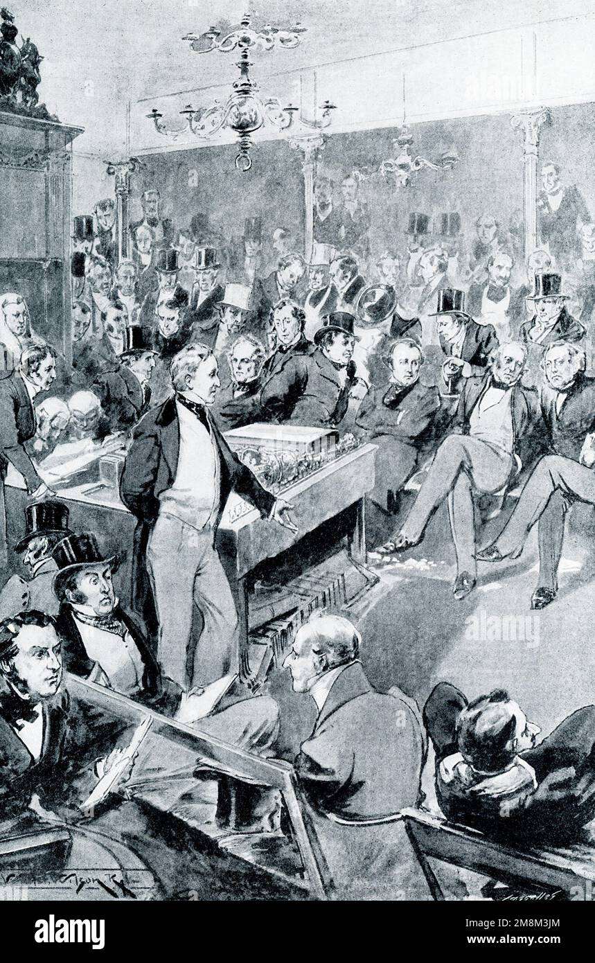The 1906 caption reads: “SIR ROBERT PEEL INTRODUCING THE FREE-TRADE LAWS.—England became a free-trade country in Victoria's reign. The scarcity of food due to the high import duties laid upon it, and especially on corn, led to famines and riots, until at last the corn duties, and ultimately all duties upon all sorts of foodstuffs, were withdrawn. The picture preserves the important and historic moment [January 27, 1846] when the Prime Minister presented to Parliament his outline of the 'corn laws' and thus pledged England to the principle of free trade.” Stock Photo