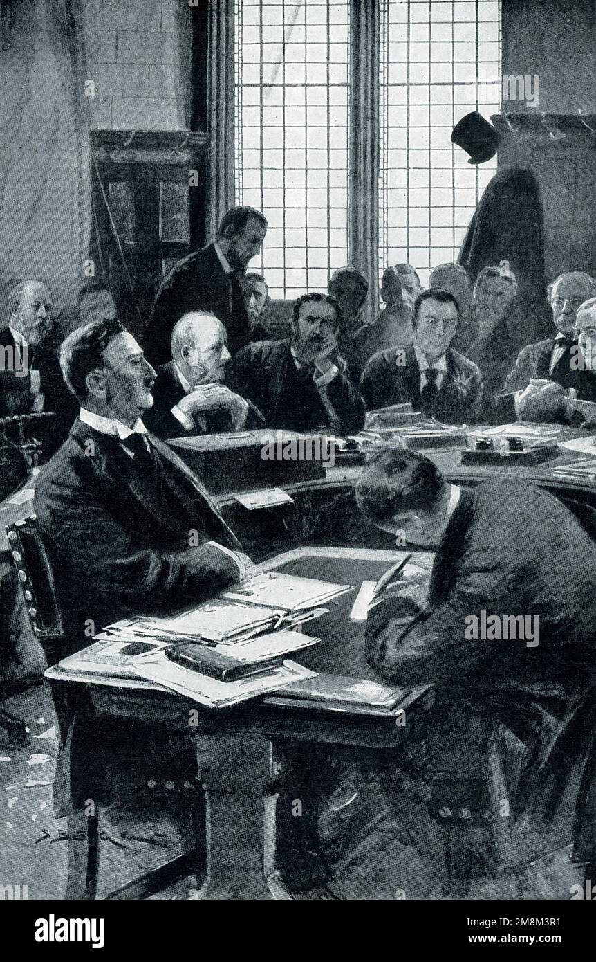 The 1906 caption reads: “CECIL RHODES TESTIFYING AT THE JAMESON INQUIRY.—The Jameson Raid occurred in 1895, when a band of Englishmen rode suddenly into the South African Republic, the Transvaal, and tried to raise a rebellion there. The English ruler of South Africa, Mr. Cecil Rhodes, and even the English Government itself, were accused of having planned the raid, and there was a Parliamentary inquiry, which many people have regarded as a mere ' whitewashing.' Cecil Rhodes is seated in the front of the picture; the Prince of Wales, as Edward VII, then was, is at the extreme left.” Stock Photo