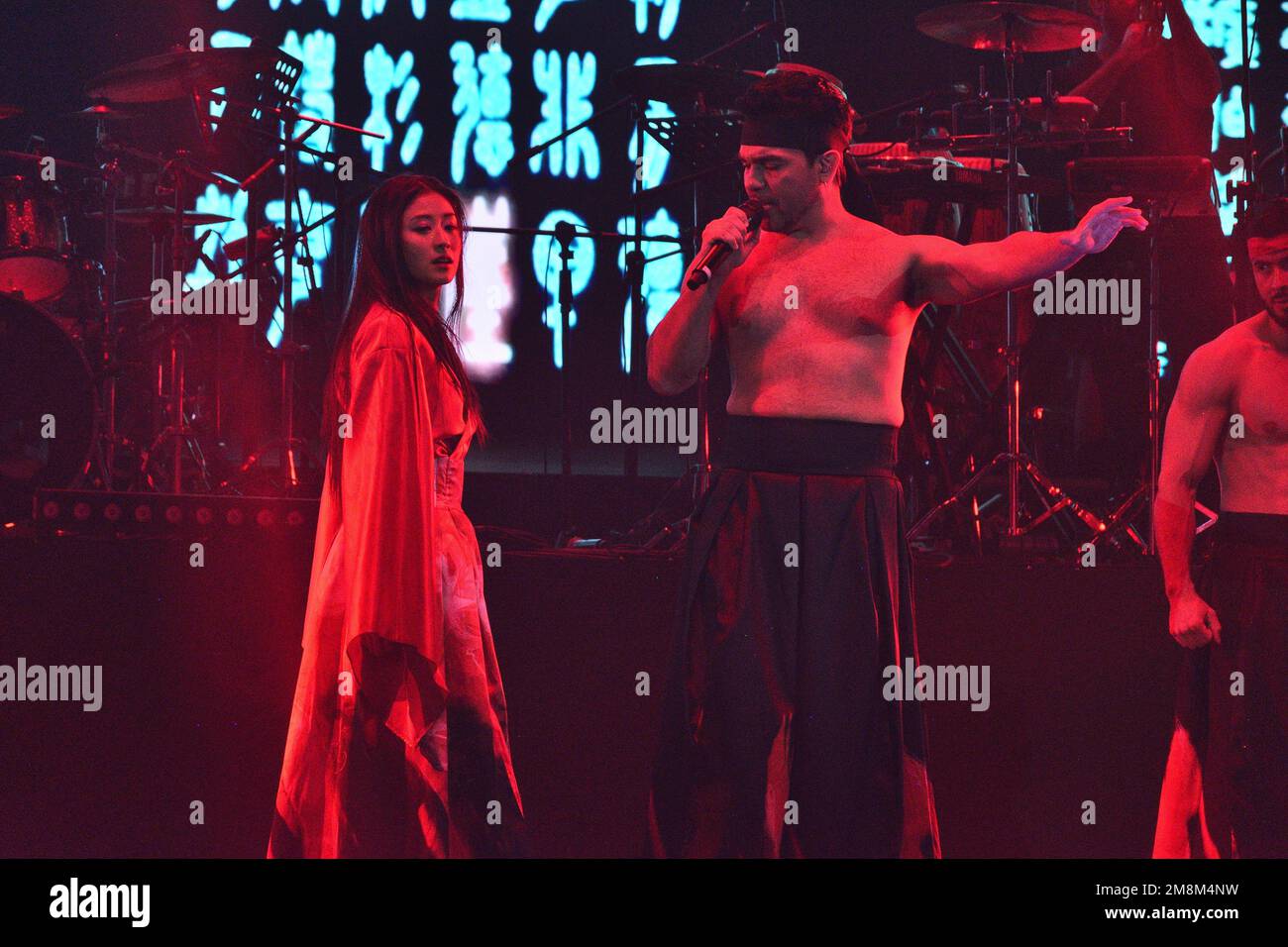 Leon, Mexico. 13 Jan 2023. Actress Hana Koo as Mulan and grammy nominee Jorge Daher as Li Shang performing Mulan I'll Make a Man Out of You song at Disney Myst Be Our Guest show premiere on Feria de Leon 2023. Credits: Juan Jose Valdez / JVMODEL Credit: JVMODEL/Alamy Live News Stock Photo