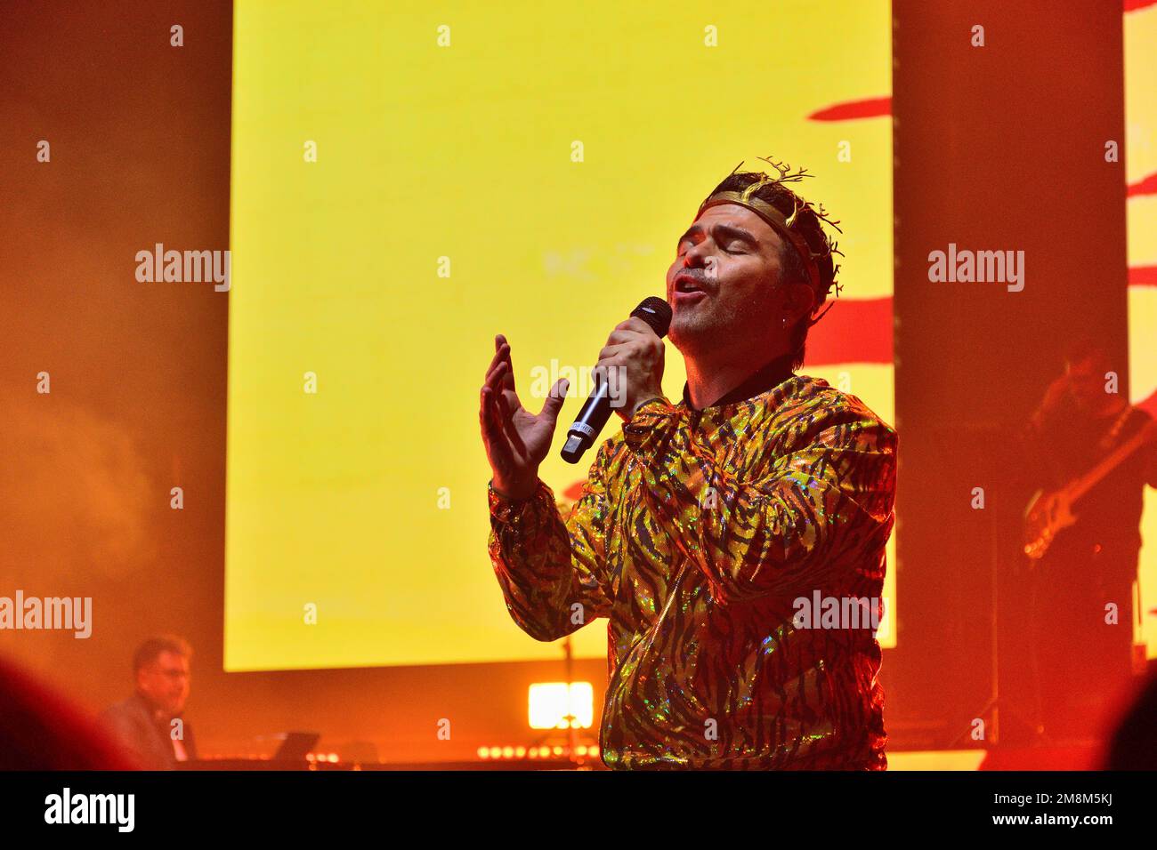 Leon, Mexico. 13 Jan 2023. Grammy nominee Jorge Daher as Simba performing The Lion King 'Circle of life' at Disney Myst Be Our Guest show premiere on Feria de Leon 2023. Credits: Juan Jose Valdez / JVMODEL Credit: JVMODEL/Alamy Live News Stock Photo