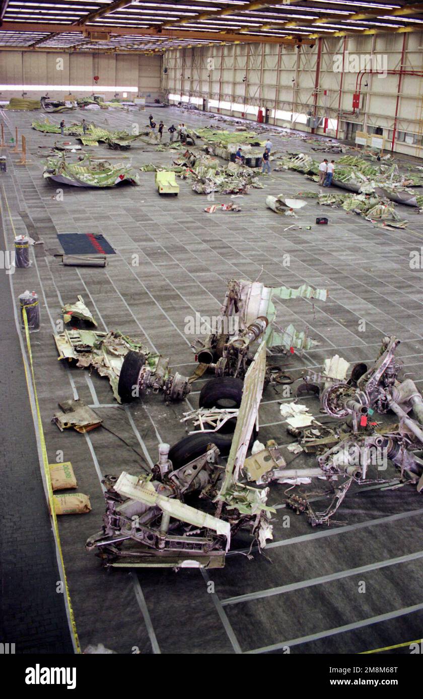 A high wide angel view of aircraft parts, recovered from TWA Flight 800 inside the Grumman Reconstruction Facility at Calverton, New York. A high wide angel view of aircraft parts, recovered from TWA Flight 800 inside the Grumman Reconstruction Facility at Calverton, New York. Stock Photo