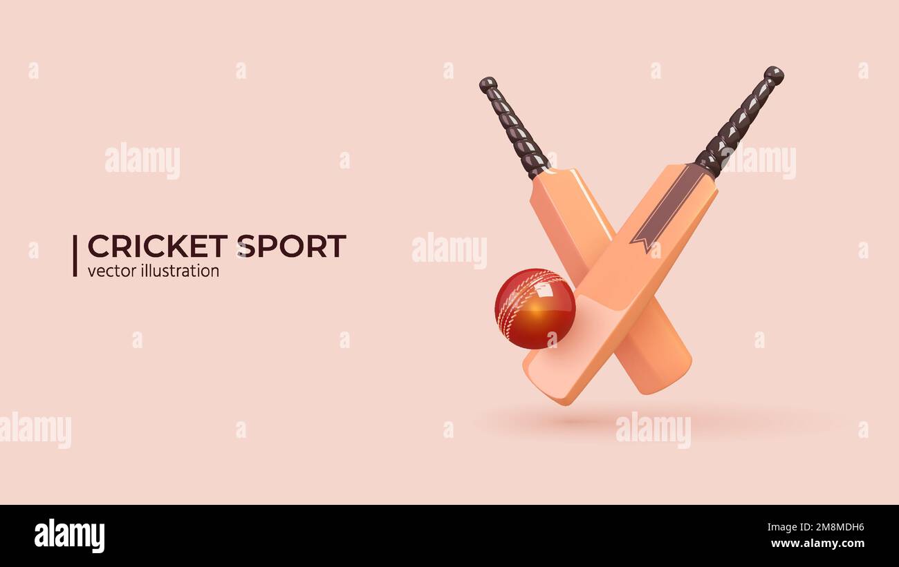 3d Cricket Concept. Realistic 3d Design of Cricket championship, Cricket Bat, Ball in Trendy colors. Vector illustration in cartoon minimal style. Stock Vector