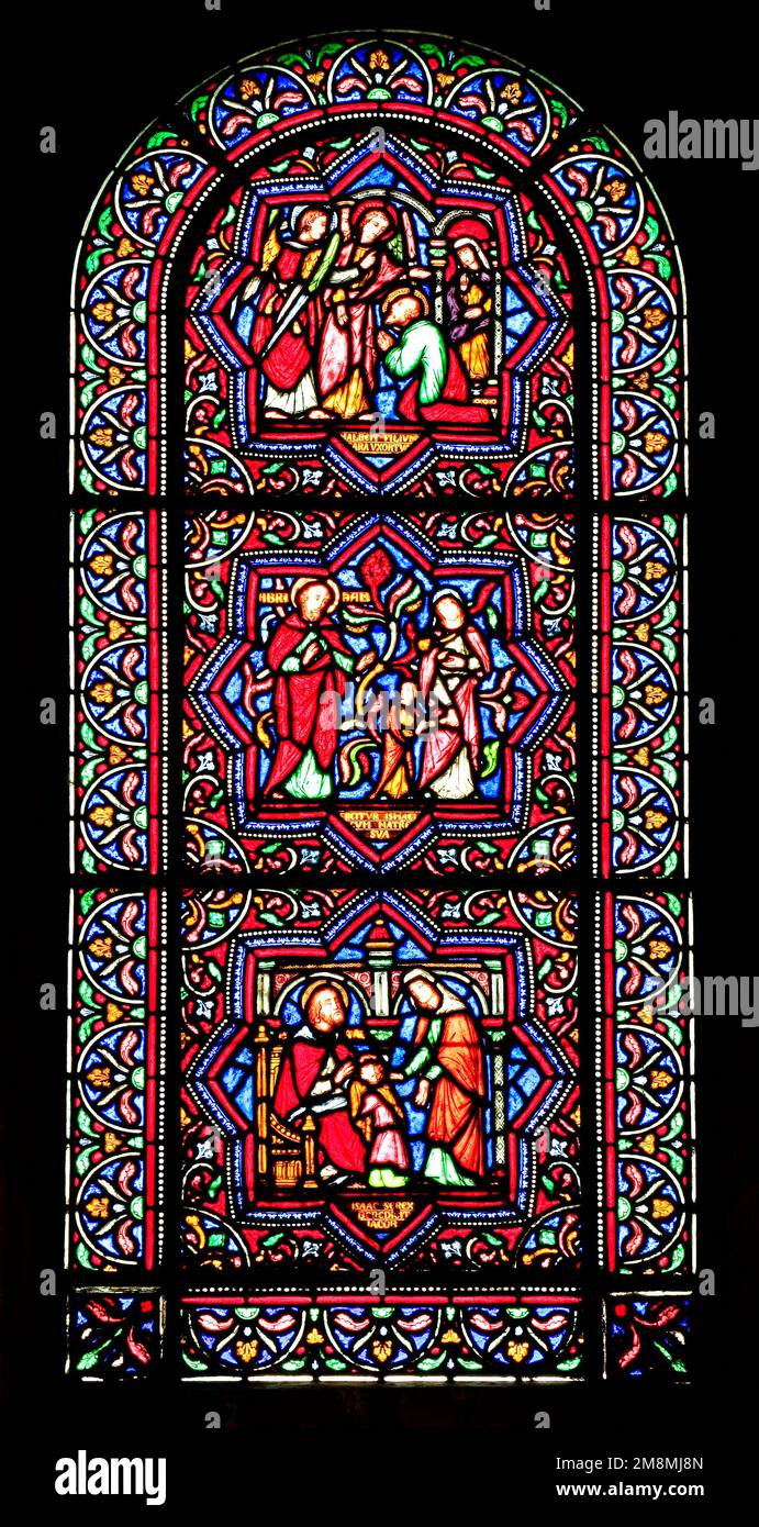 Stained glass window, Old Testament scenes, Abraham, Hagar, Isaac and Jacob, by Gibbs, Ely Cathedral, Cambridgeshire, England Stock Photo