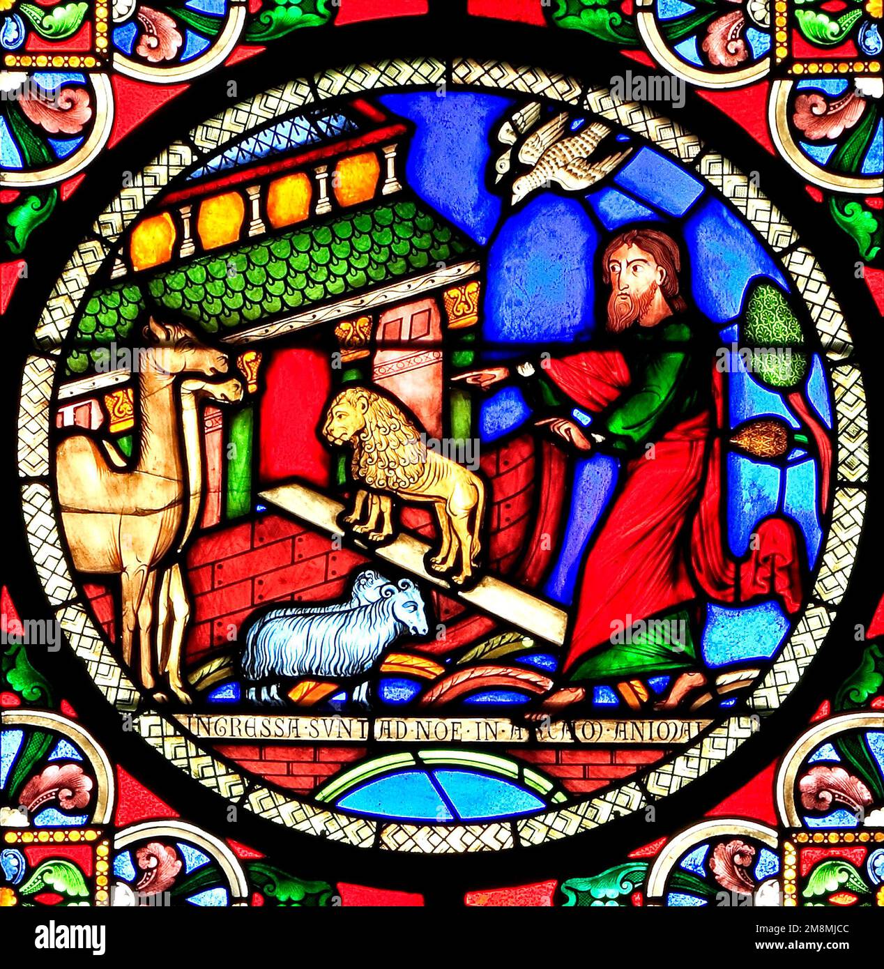 Stained Glass window, Noah's Ark, building the Ark, animals going in two by two, by Alfred Gerente of Paris, 1849, Ely Cathedral, Cambridgeshire Stock Photo
