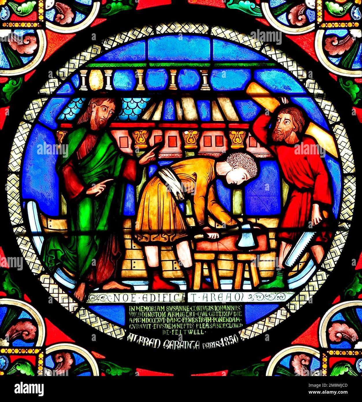 Stained Glass window, Noah's Ark, building the Ark, by Alfred Gerente of Paris, 1849, Ely Cathedral, Cambridgeshire, England, UK Stock Photo