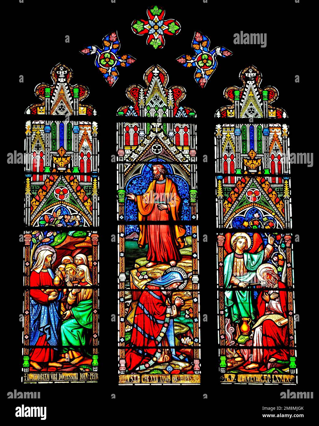 Stained glass window, Obadiah brings bread, Elijah with servant and Elijah with angel, by William Wailes, mid 19th century, Ely Cathedral Stock Photo