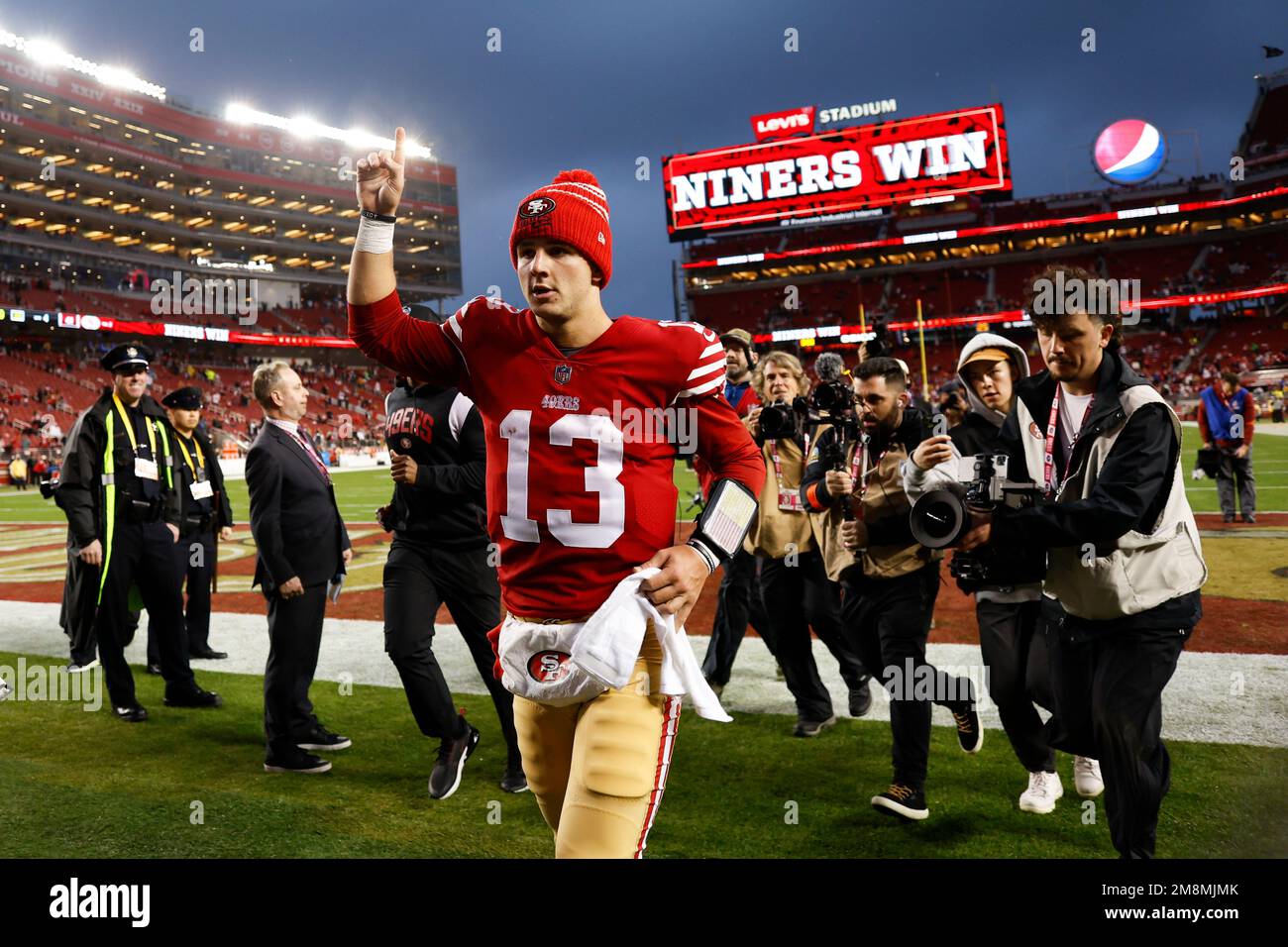San Francisco 49ers quarterback Brock Purdy (13) celebrates after