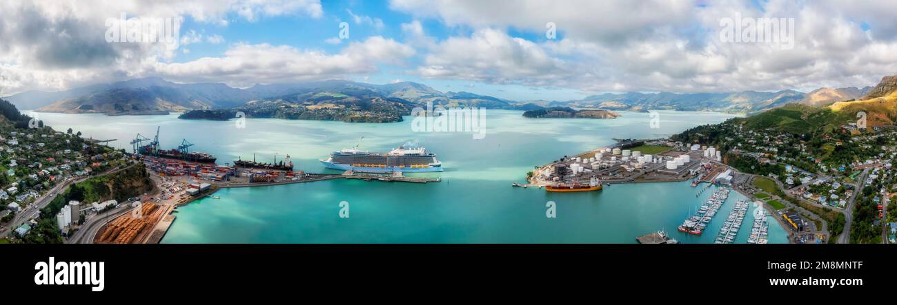Scenic aerial panorama of Lyttleton port and Diamond harbour on Pacific coast of New Zealand Stock Photo