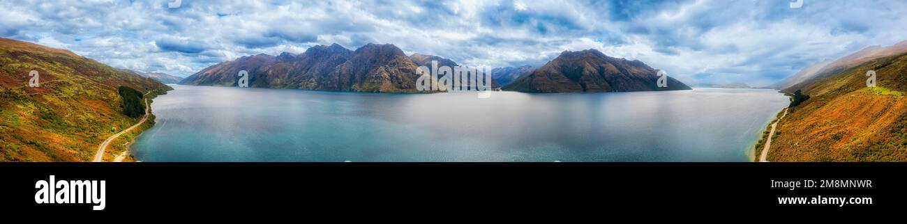 Wide aerial panorama of Lake Wakatipu in Otago of New Zealand South ...