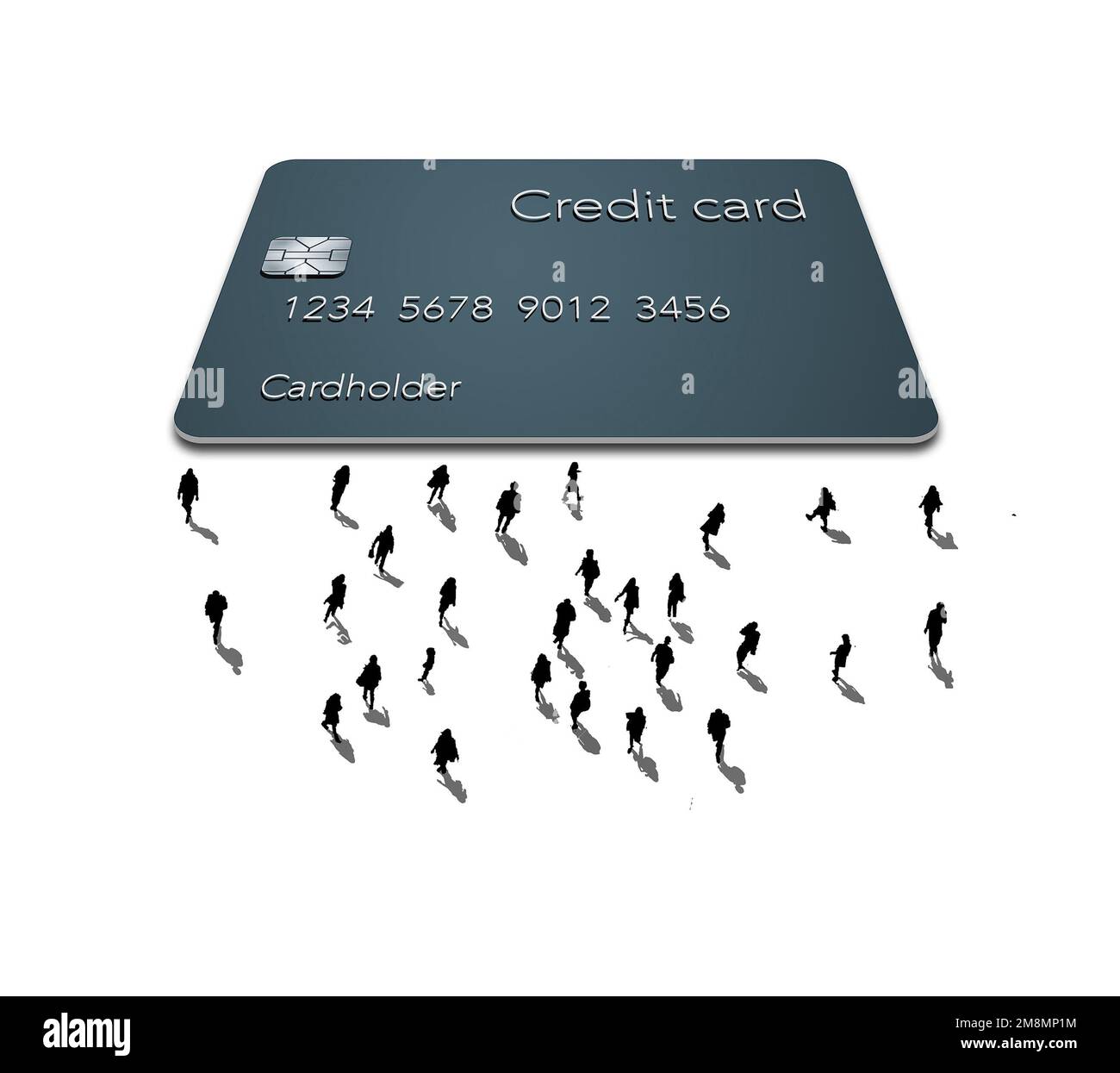 A generic mock credit card is seen on a white background with tiny silhouetted people nearby in a 3-d illustration about popular credit cards. Stock Photo