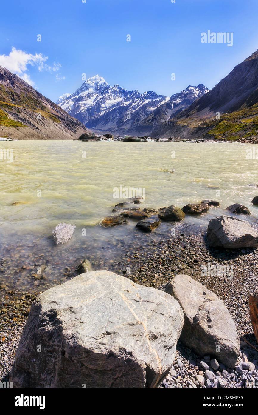 Rock boulder on shore of Hooker lake at Mt Cook in scenic mountains of New Zealand - melting down glacier lake. Stock Photo