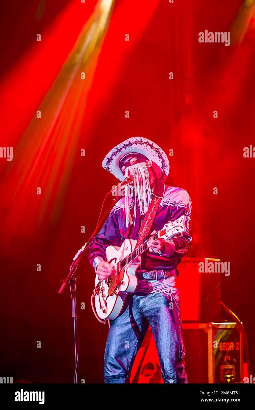 Orville Peck, dress up, fringe mask and barbed wire motif outfit, Edmonton Folk Music Festival, Edmonton, Alberta, Canada Stock Photo